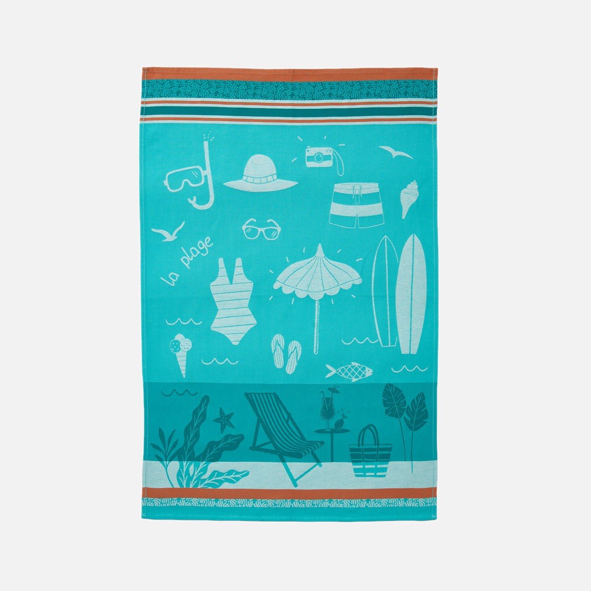 Torchon jacquard en coton A LA PLAGE bleu, COUCKE
