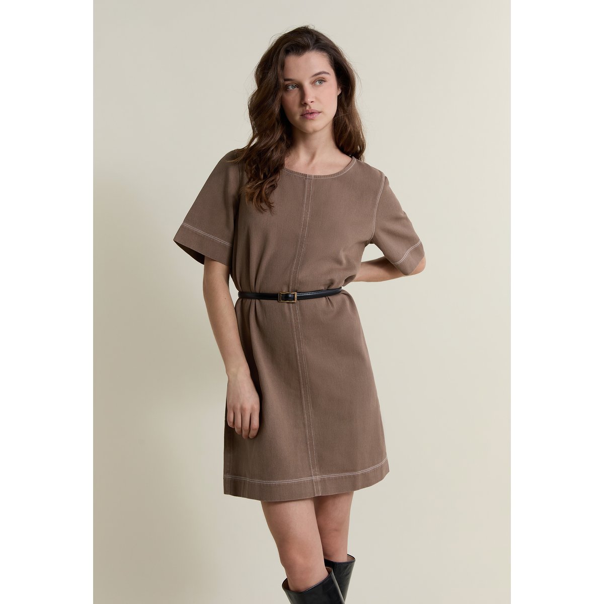 Robe ceinturée en coton RIZLAINE GD taupe, ETAM