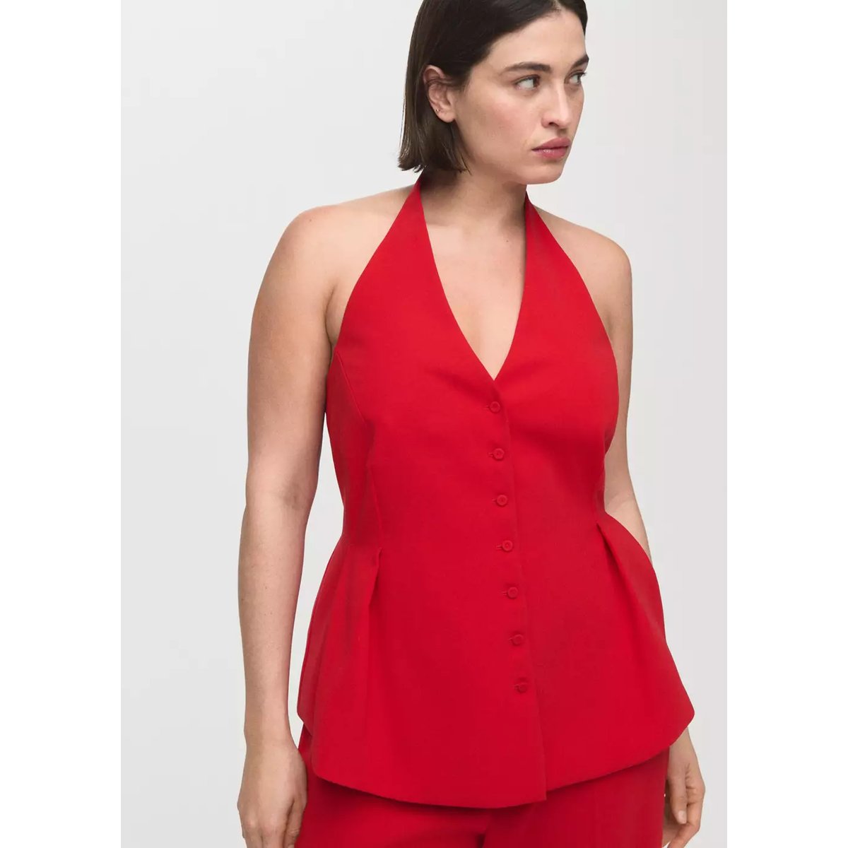 Top péplum col halter rouge, MANGO