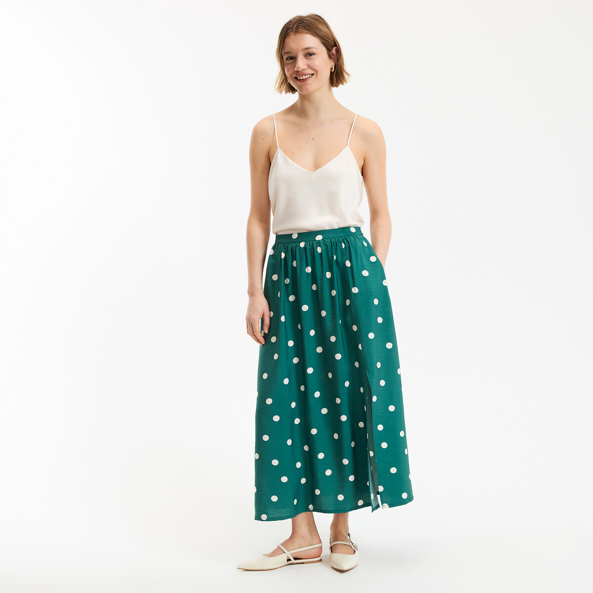 Jupe longue fluide imprimé pois imprimé pois fond vert, LA REDOUTE COLLECTIONS