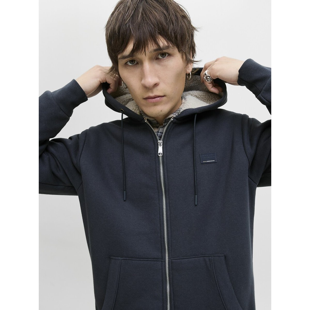 Sweat zippé capuche doublé polaire bleu, JACK & JONES