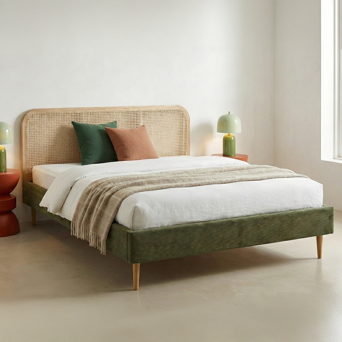 Lit en velours côtelé avec tête de lit en cannage - DALIA vert kaki, HOMIFAB