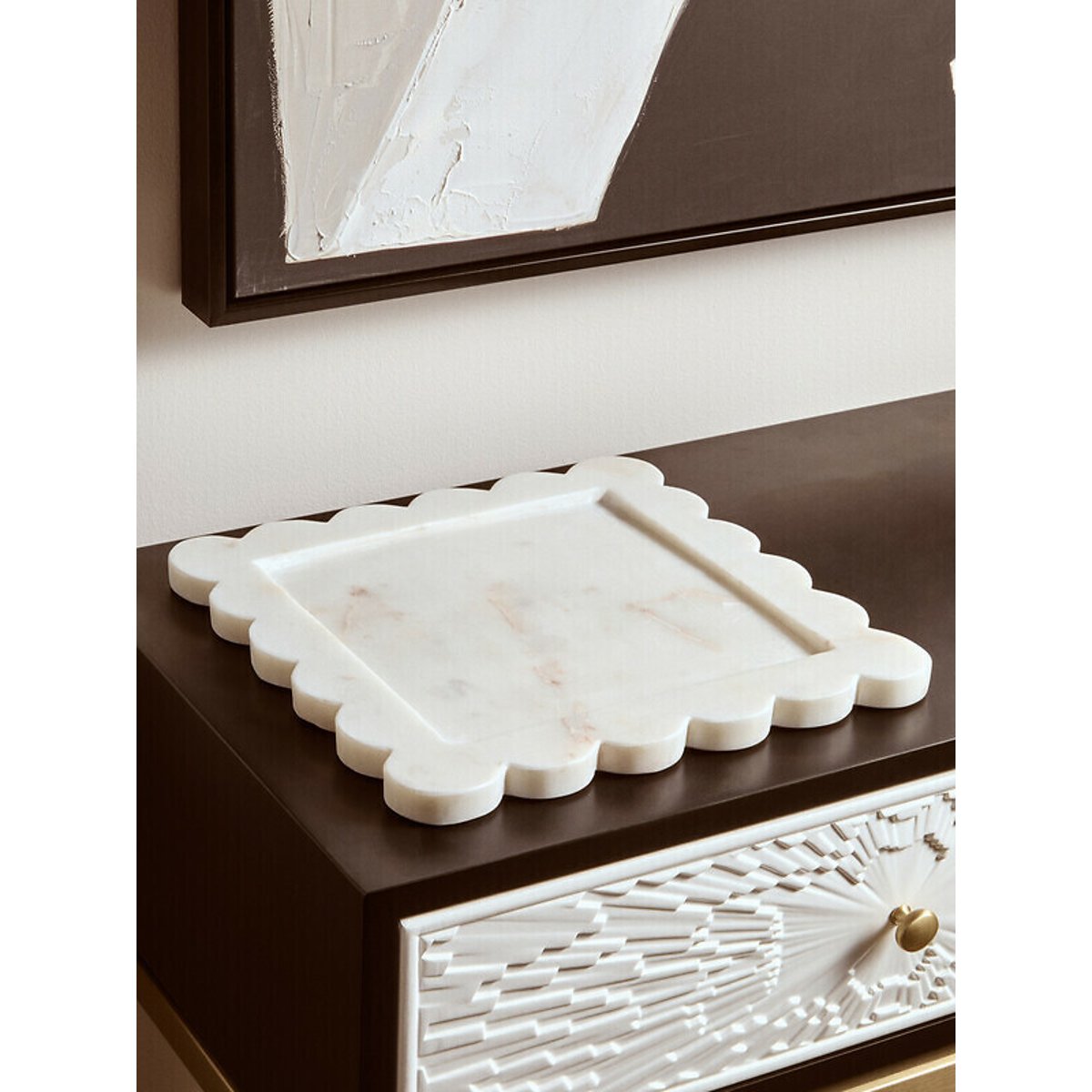 Large White Marble Square Tray with Scallop Edges white, FIFTY FIVE SOUTH