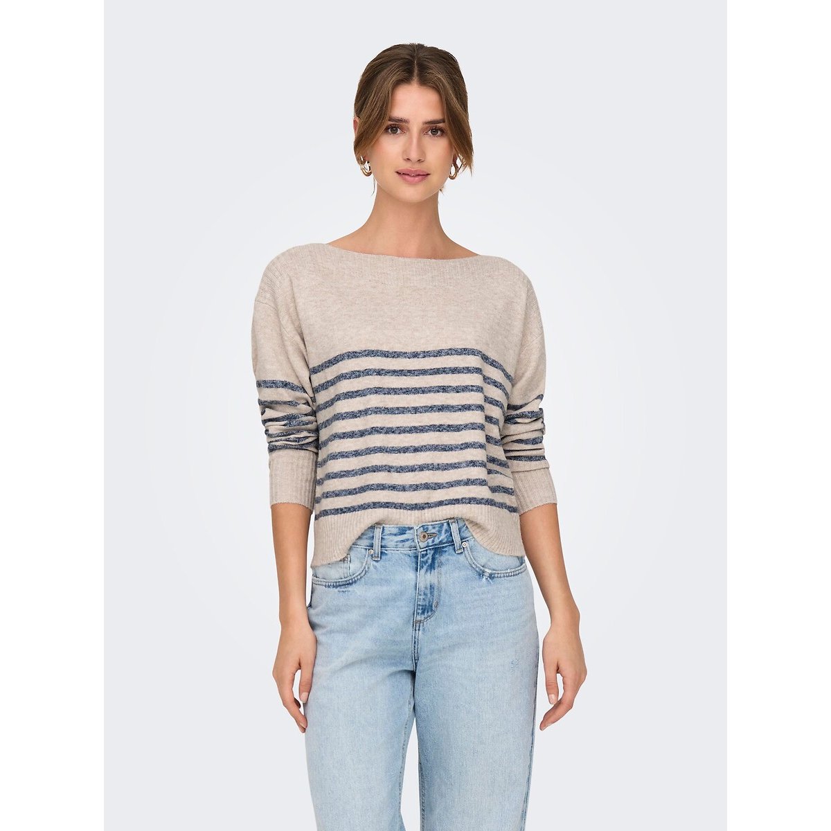 Pull con scollo a barchetta a righe beige a strisce blu, ONLY