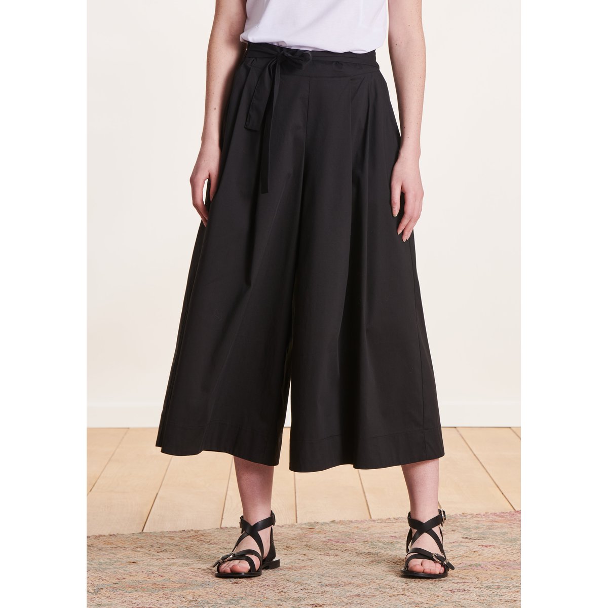 Pantalon large 7/8ème avec ceinture à nouer noir, LA FEE MARABOUTEE