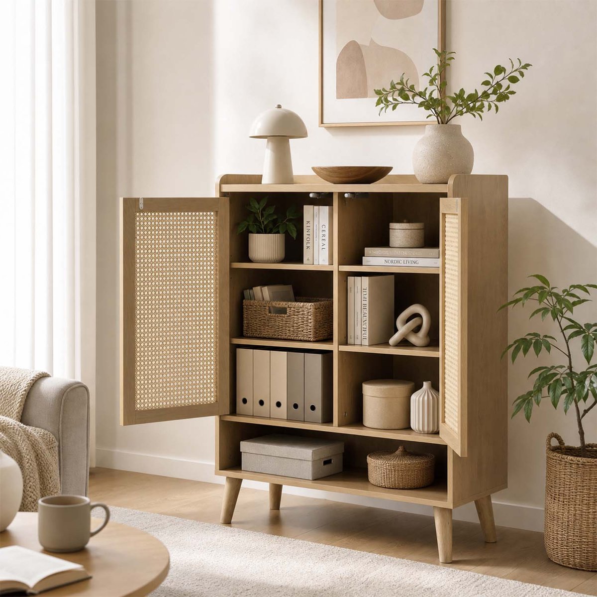 Armoire de rangement avec 2 portes 7 couches Imitation chêne scandinave, MELVINB2 chêne, MEUBLES COSY