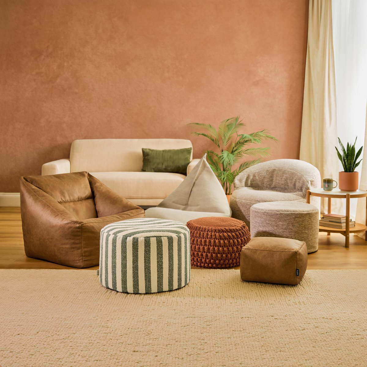 Pouf repose-pieds carré en coton capitonné bohème Oeko-Tex® - CALLI beige naturel, ICON