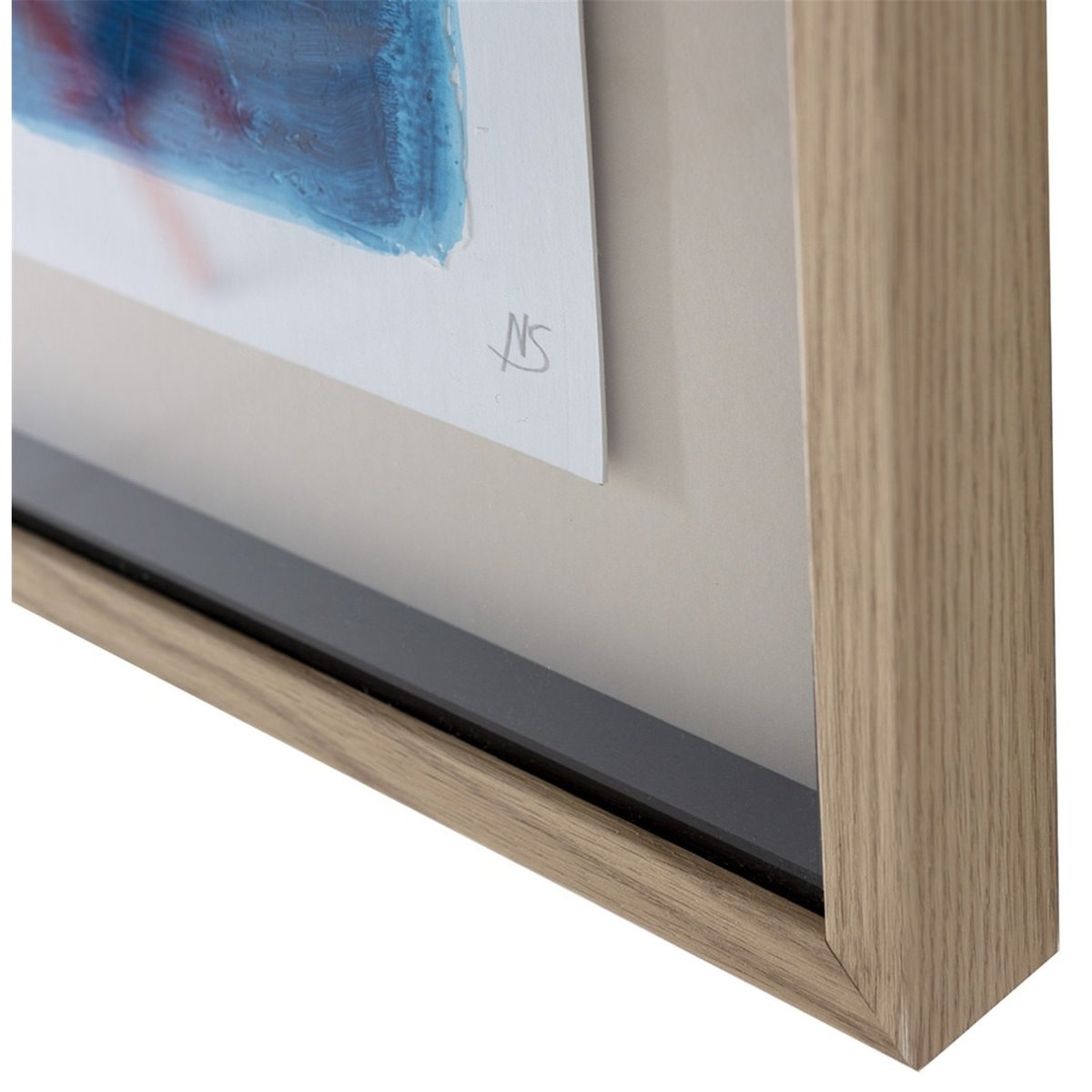 Tableau abstrait encadré verre et bois bleu, blanc et doré, RECOLLECTION