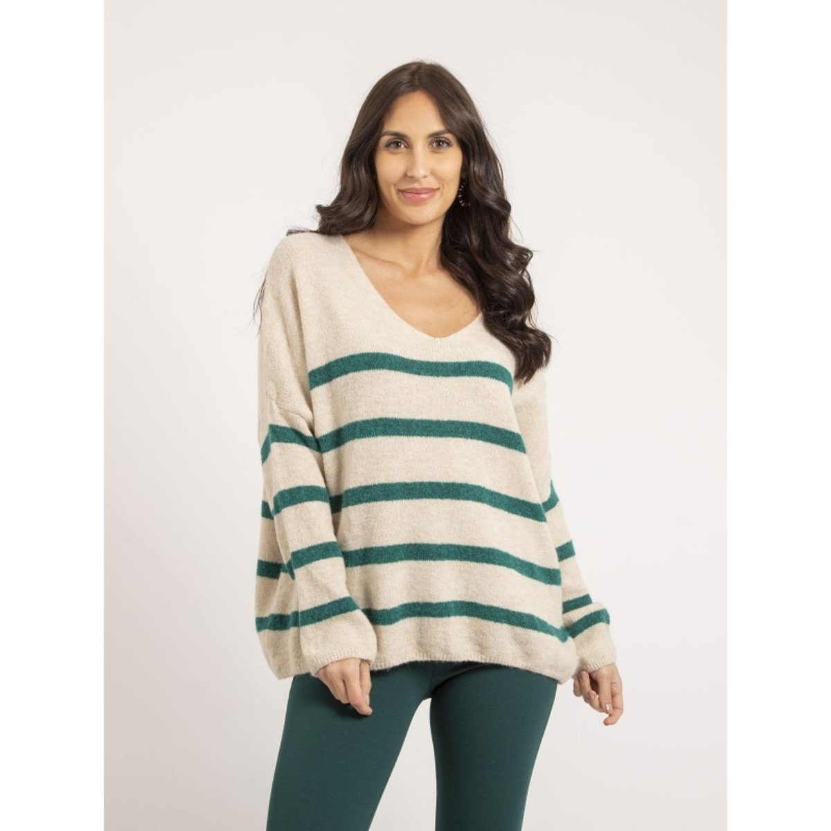 Pull Col V Rayures Klervi vert, DONA LISA