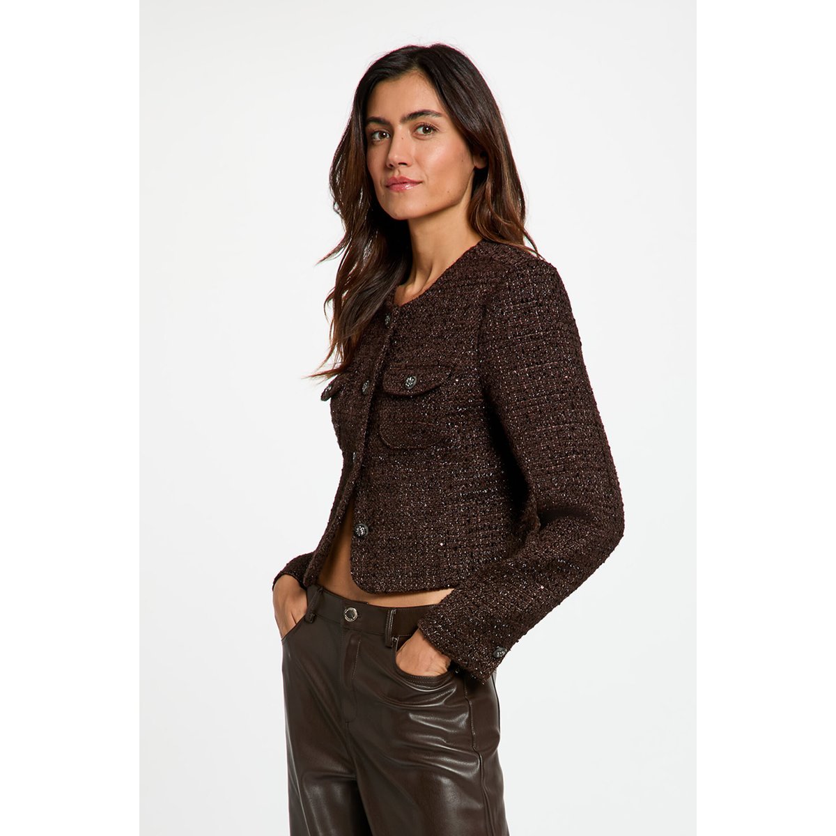 Veste ajustée col rond marron foncé, MORGAN