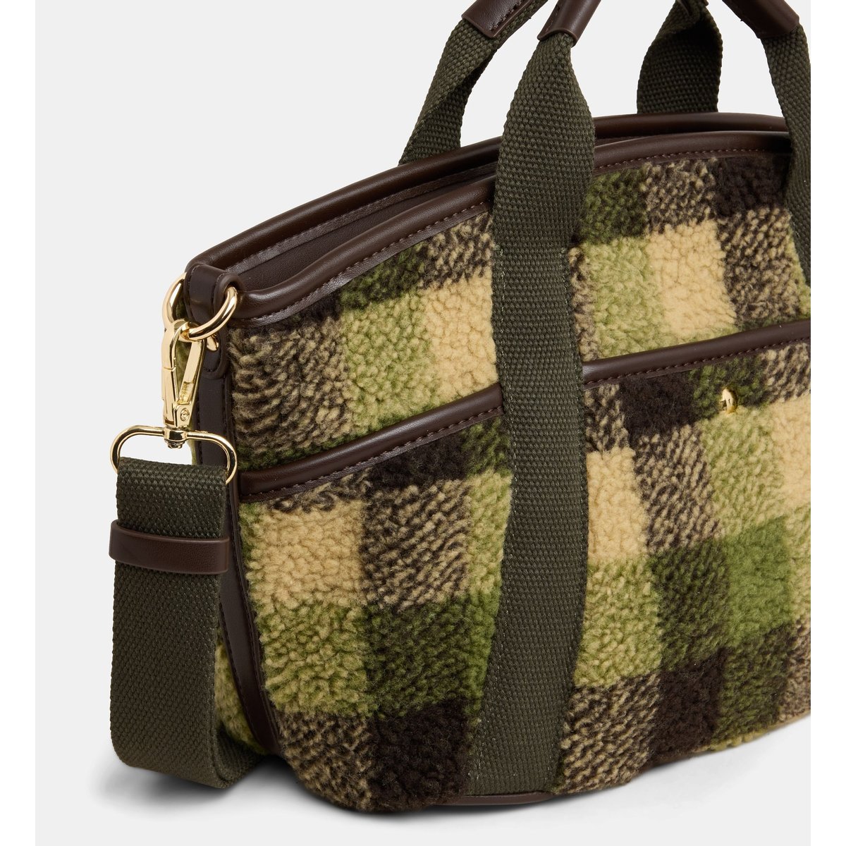 Sac cabas maggy shearling à carreaux vert et camel, GALERIES LAFAYETTE