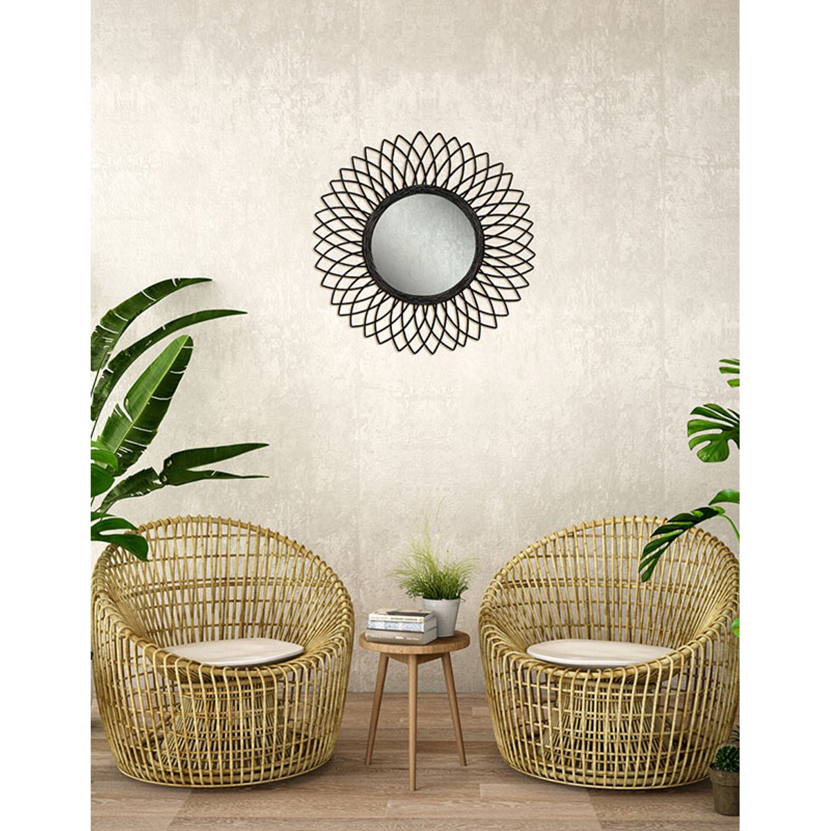 Miroir fleur en rotin 61cm noir, EMDE