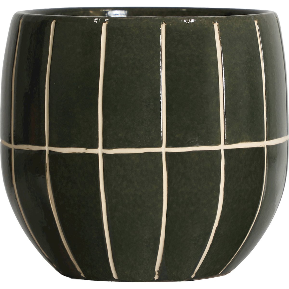 Cache-pot en céramique collection VACIO vert brillant avec lignes claires, RECOLLECTION