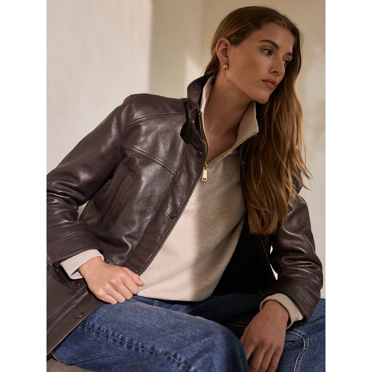 Veste cintrée en cuir à col cheminée marron chocolat, NEXT
