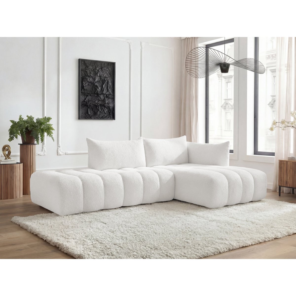 Canapé modulable 4 places en tissu bouclette, AZRA blanc, BOBOCHIC