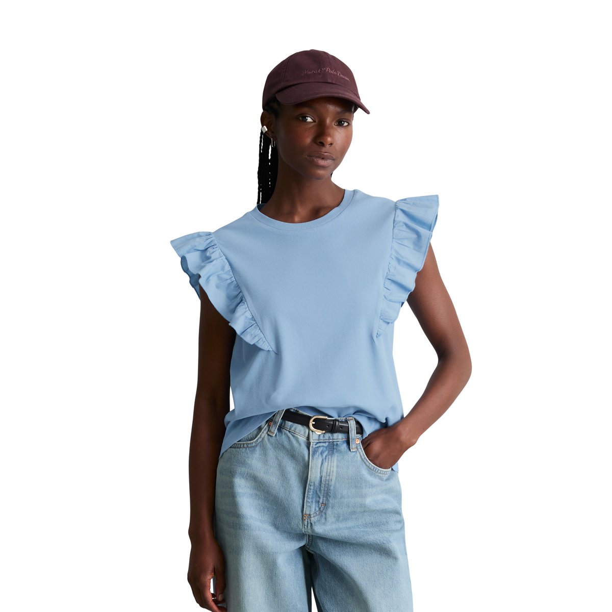 Top à volants sans manches regular en jersey côtelé doux bleu moyen, MARC O’POLO DENIM