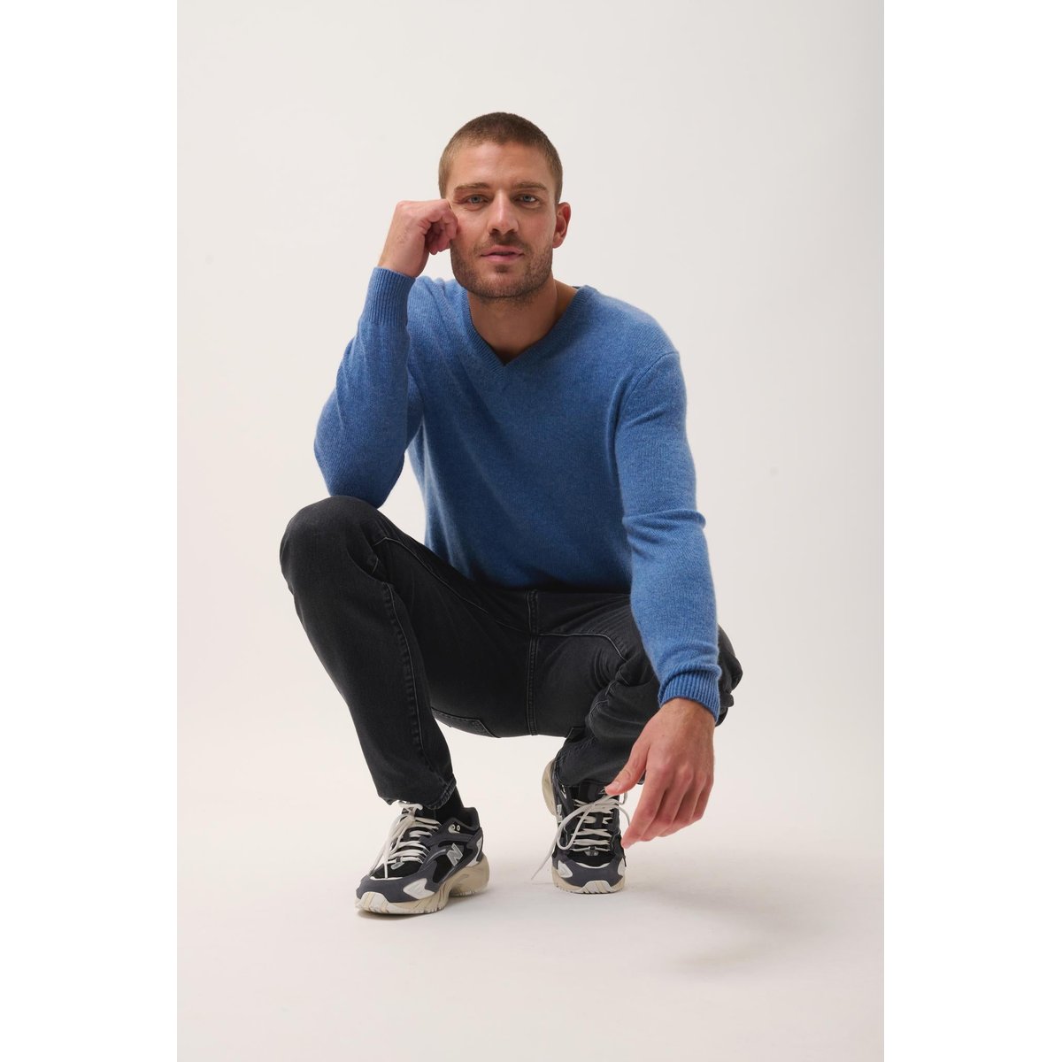 Pull Col V 4 Fils Bleu Denim Nathan bleu denim, JUST CASHMERE