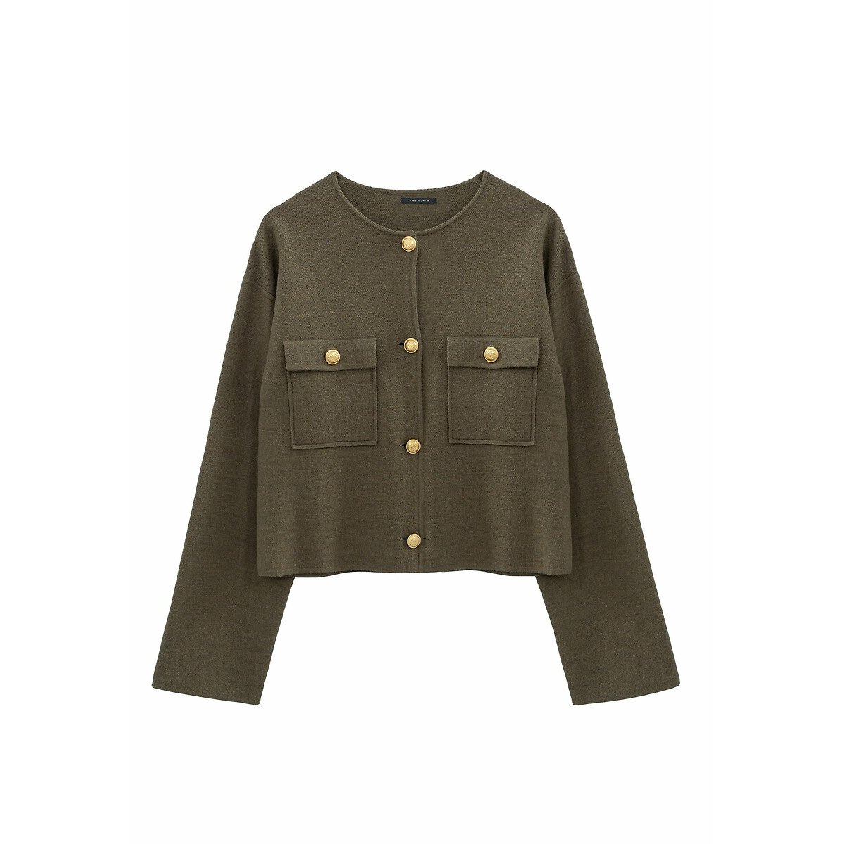 Crew Neck Cardigan with Pockets dark khaki, IKKS