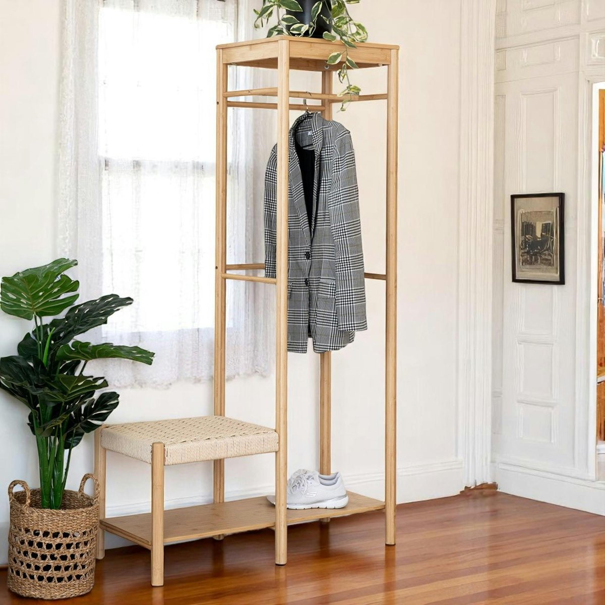 Vestiaire d'entrée en bambou avec penderie et siège BRUGES bois naturel, PIER IMPORT