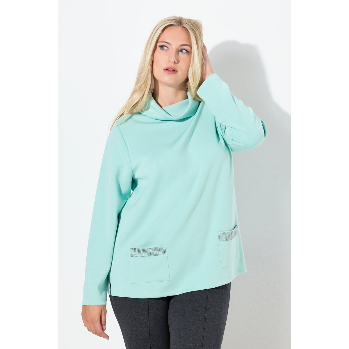 Sweat-shirt à col montant et manches longues bleu turquoise, ULLA POPKEN