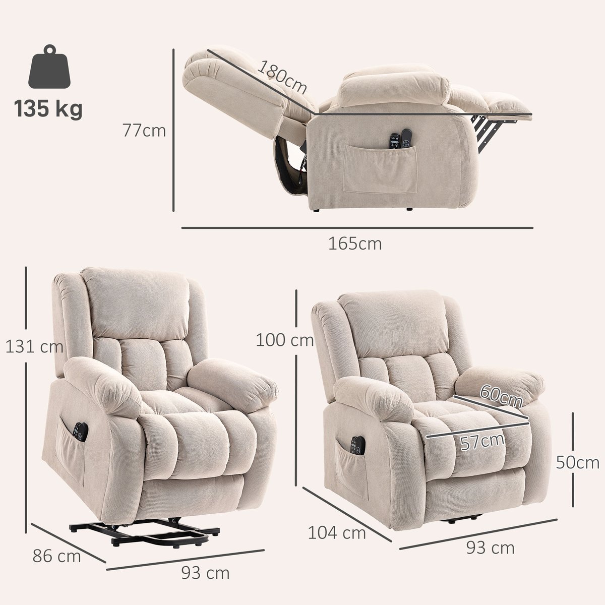 Fauteuil releveur multifonctionnel Velours beige, HOMCOM