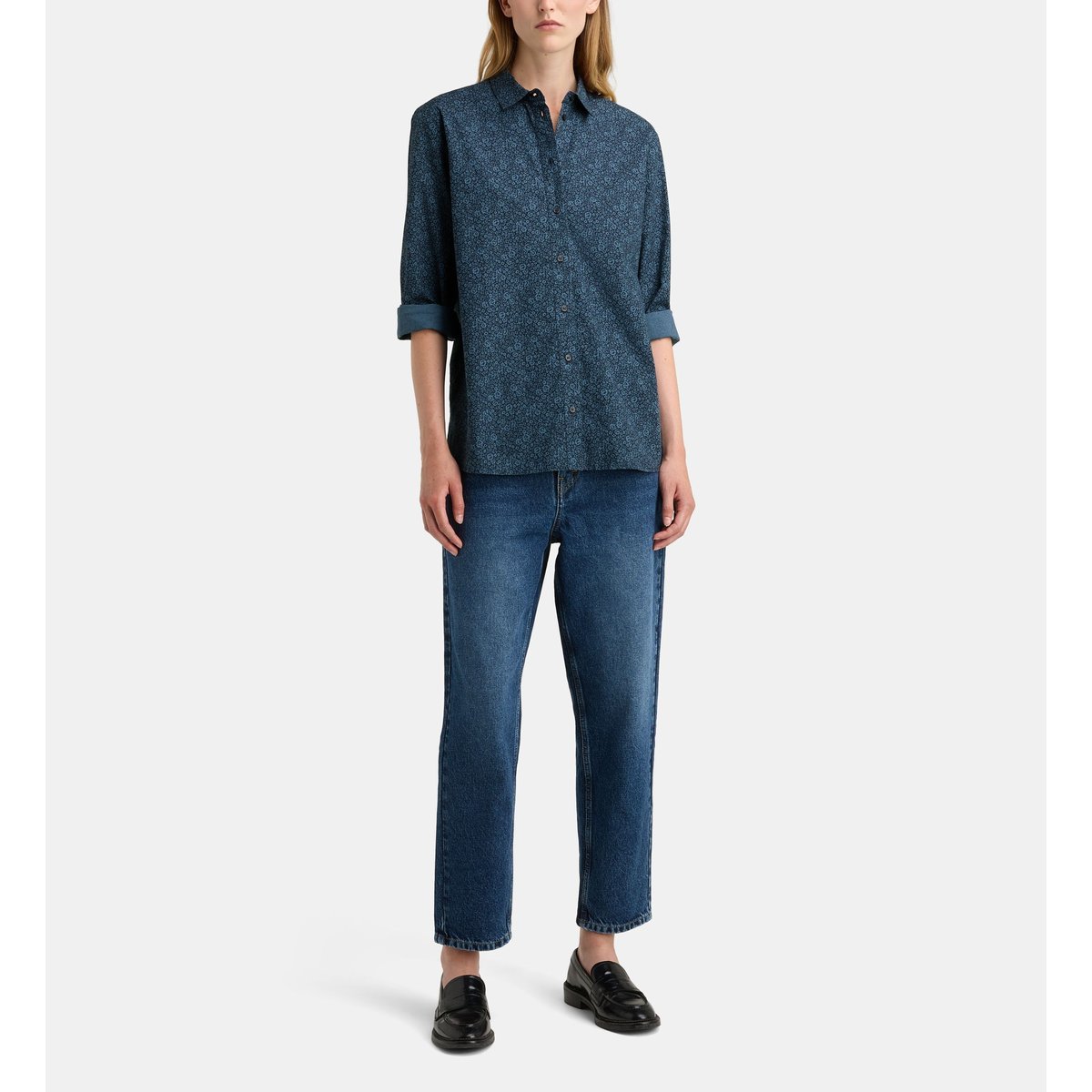 Chemise droite alma sur fleurs coton bleu marine, GALERIES LAFAYETTE