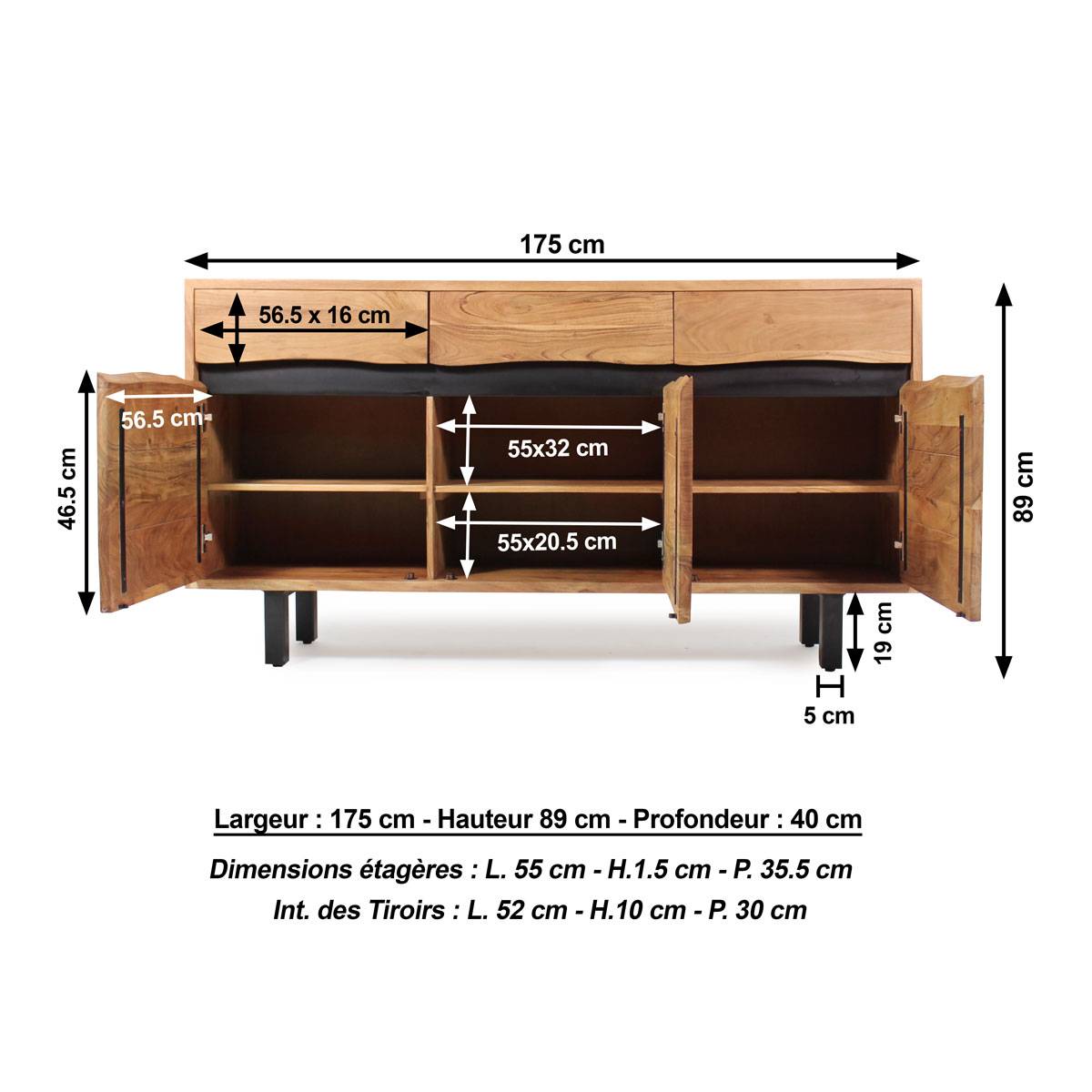 Buffet en bois d'acacia et métal MAHÉ noir, MADE IN MEUBLES