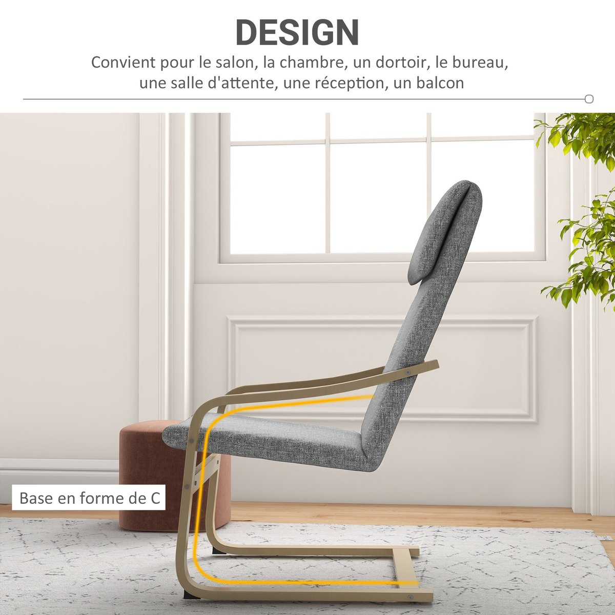 Accent Chair Polyester Gris gris foncé, cadre bois naturel, HOMCOM