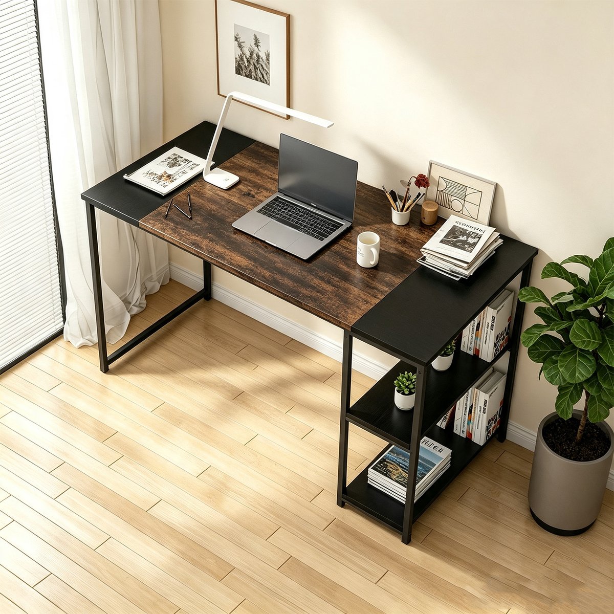 Bureau 140cm avec 2 étagères réversibles style industriel, DEMBE noir, MEUBLES COSY