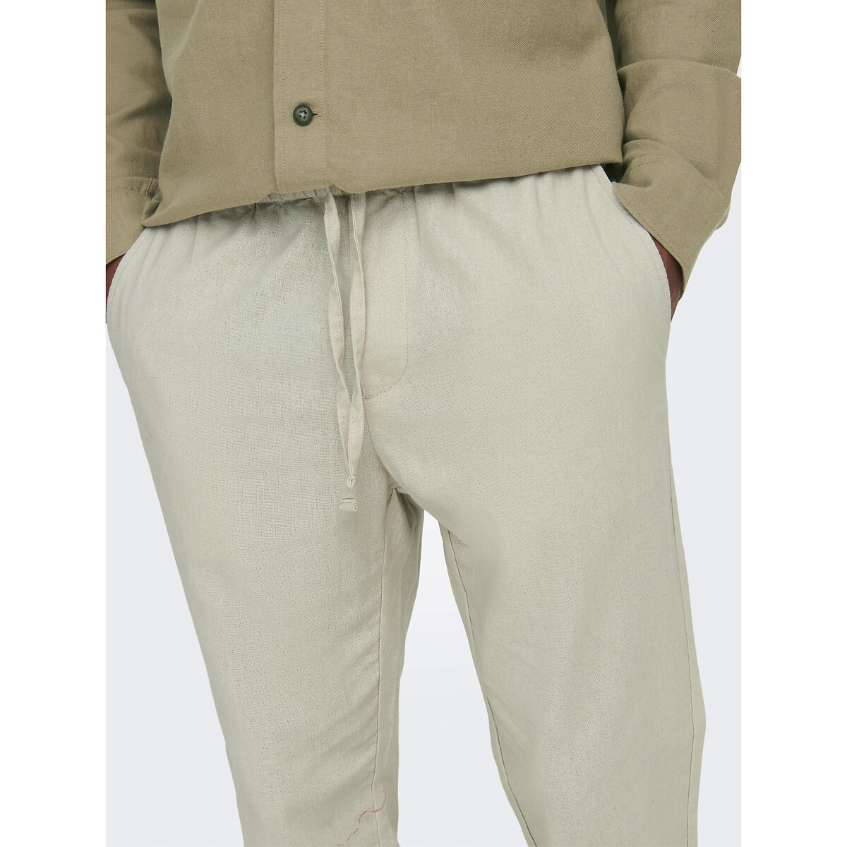 Pantalon à cordon de serrage coton lin beige, ONLY & SONS
