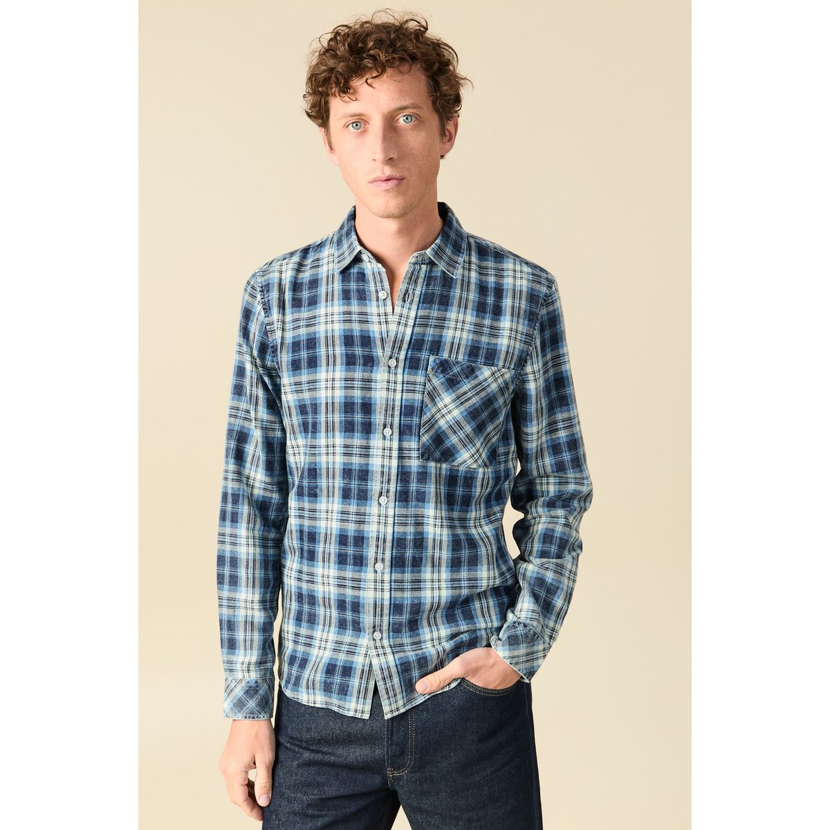 Chemise droite courte en coton bleu foncé, BONOBO