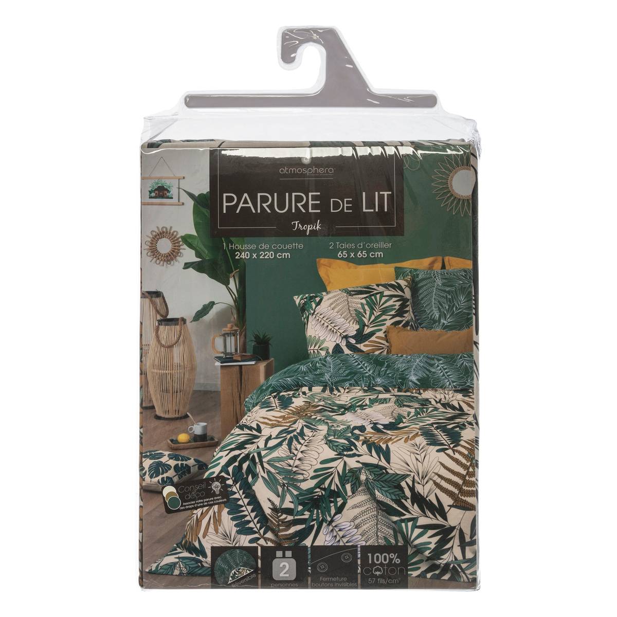 Parure de lit motifs végétaux TROPIK vert, ATMOSPHERA