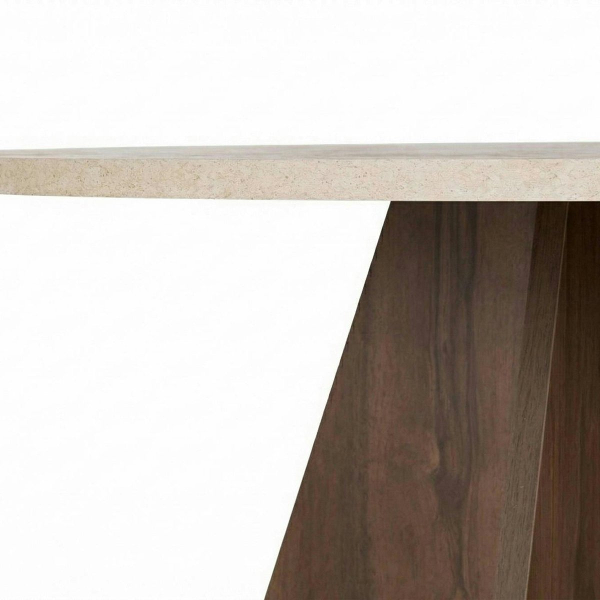 Table ronde moderne pied trapèze MARFA travertin / noyer, PIER IMPORT