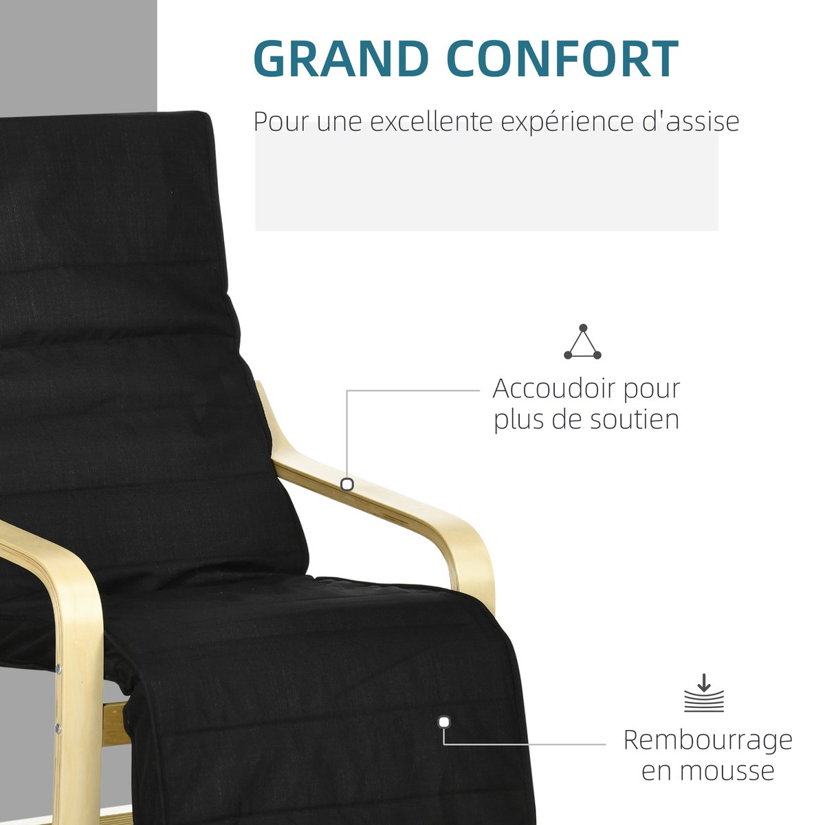 Accent Chair Bois Noir noir et bois naturel, HOMCOM