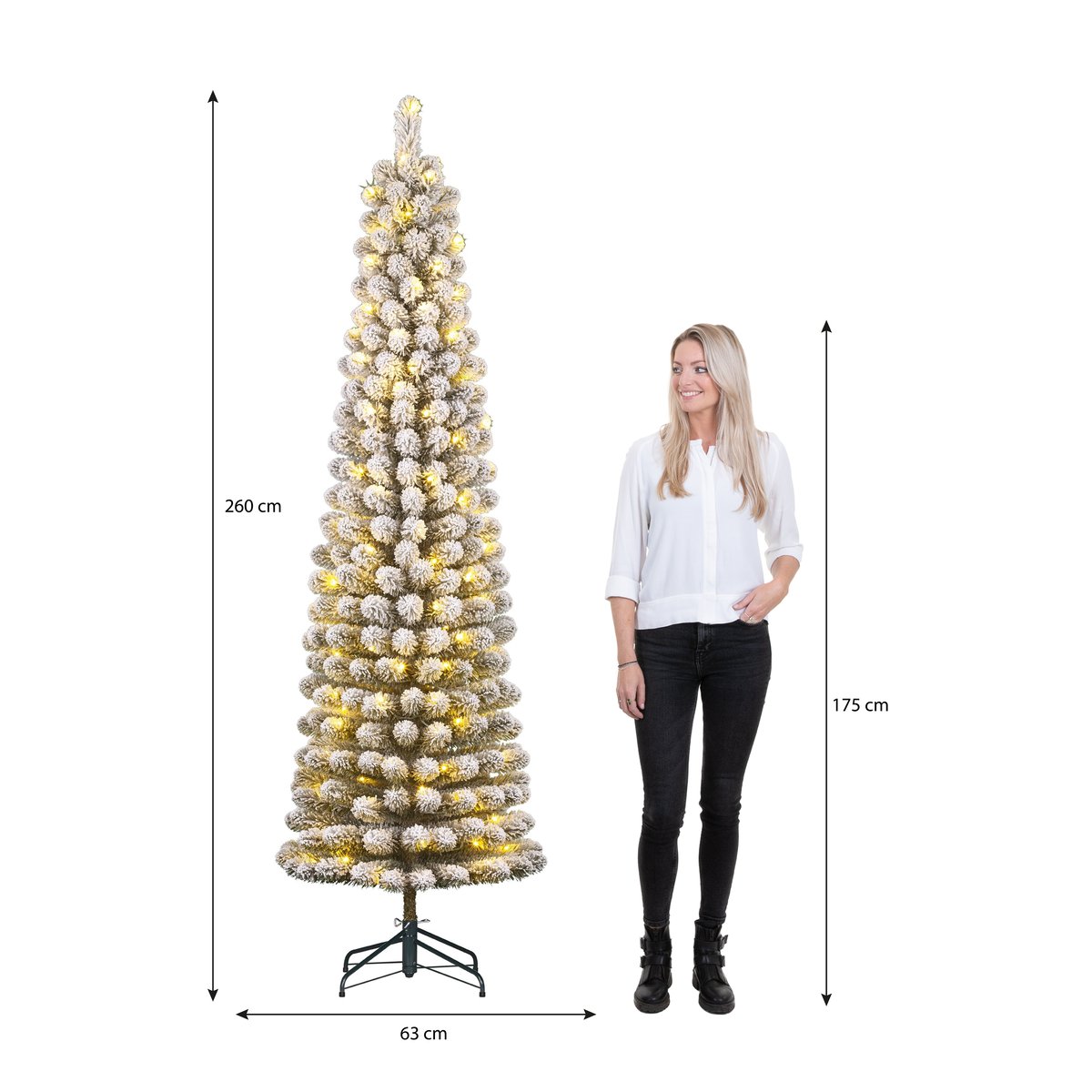 Sapin de Noël artificiel étroit et enneigé avec LED H260 cm CHARLTON vert, BLACK BOX TREES