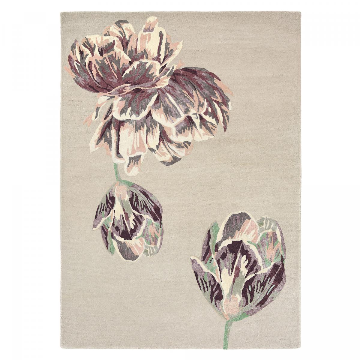 Tapis salon et chambre fait à la main en laine motif floral TRANKI beige, marron, pourpre, UN AMOUR DE TAPIS