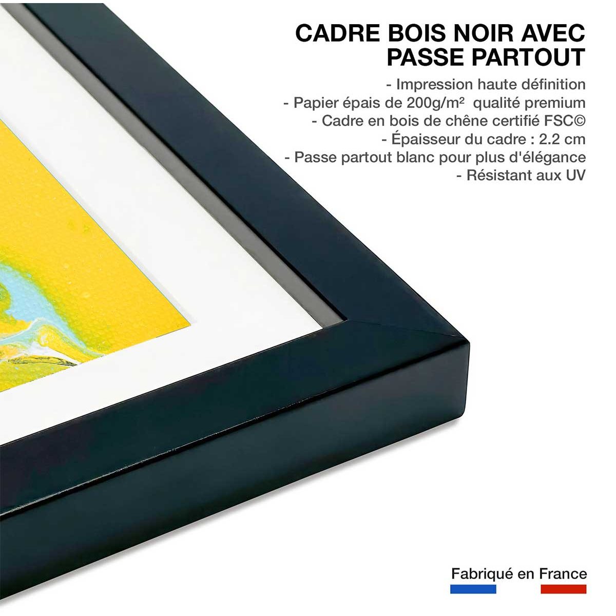 Affiche abstraite ondes sonores et dunes affiche + cadre en bois - noir, HEXOA