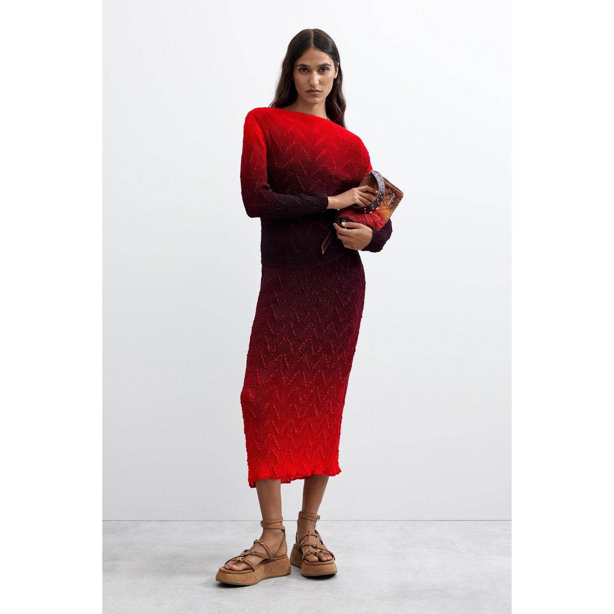 Jupe midi dégradée rouge, DESIGUAL