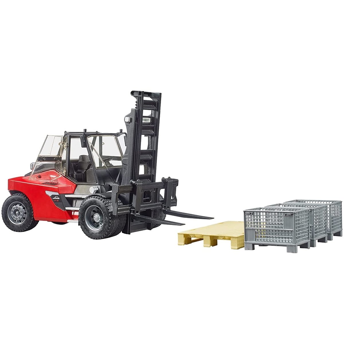 Chariot élévateur Linde HT160D avec palette et 3 gitterbox multicolore, BRUDER