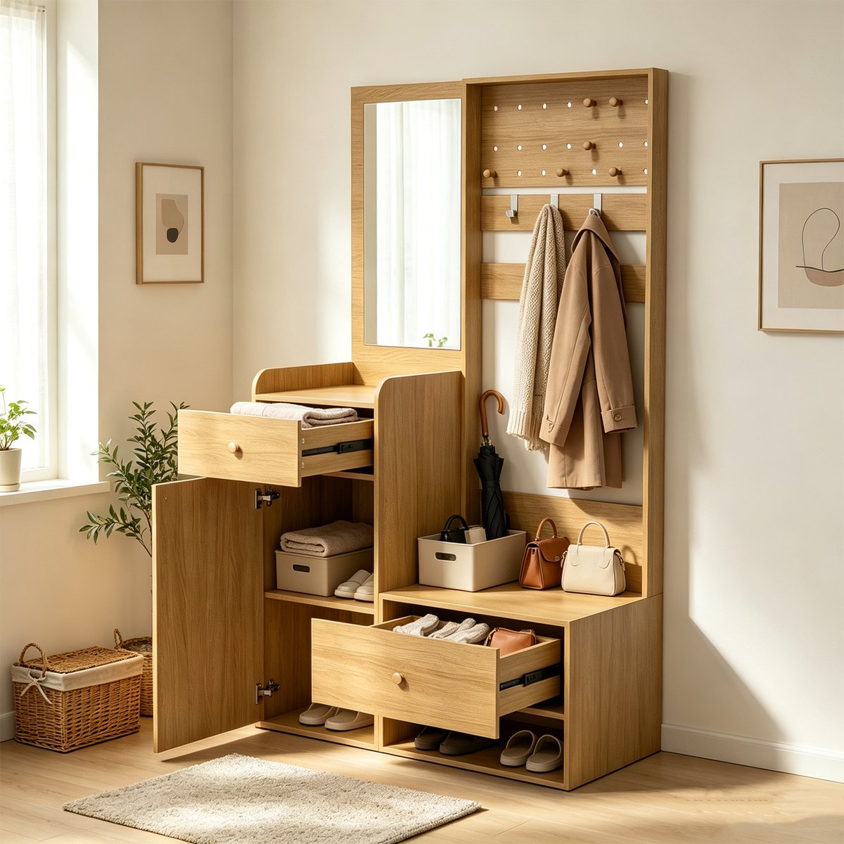Vestiaire d'entrée avec miroir et rangement, PORTER-E hêtre, MEUBLES COSY