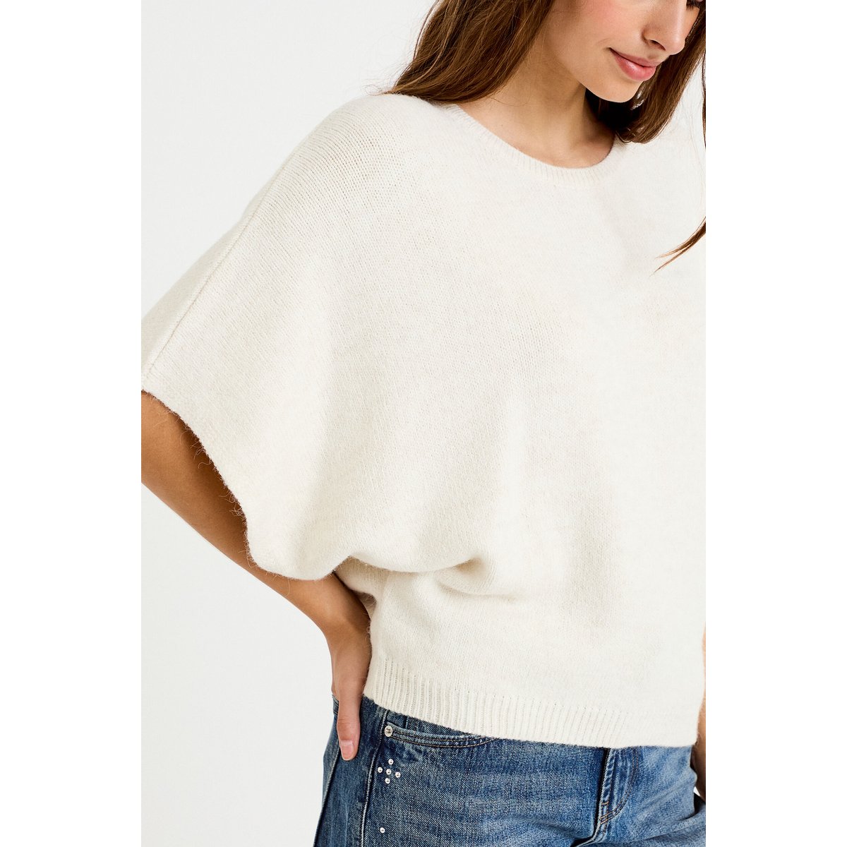 Pull oversize col rond manches courtes ecru, CACHE CACHE