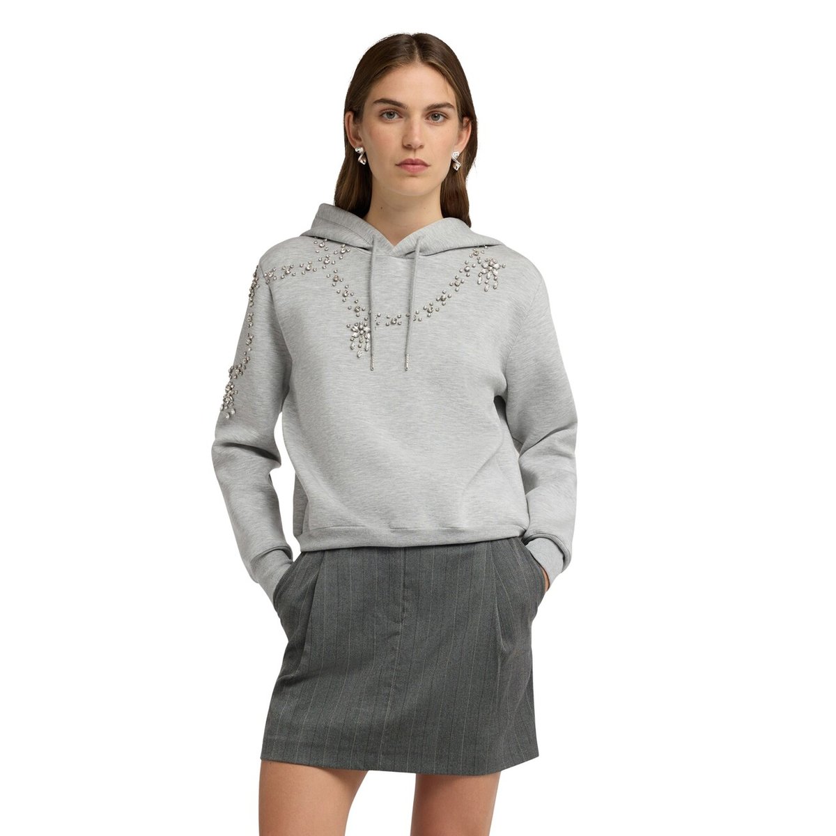 Sweat-shirt fermé avec capuche et applications de strass gris, MOTIVI