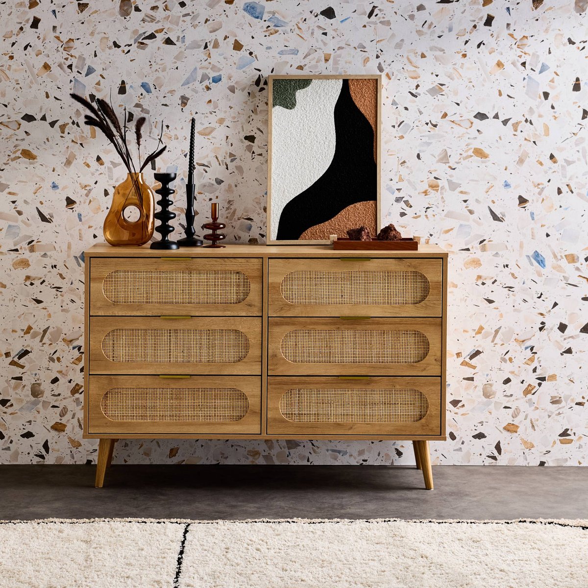 Commode décor bois et cannage arrondi 6 tiroirs EVA naturel, SWEEEK