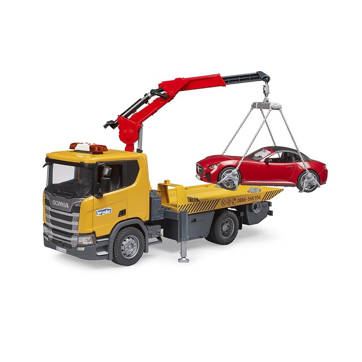 Remorqueuse Scania Super 560R avec module son et lumière et véhicule Roadster v019845, BRUDER