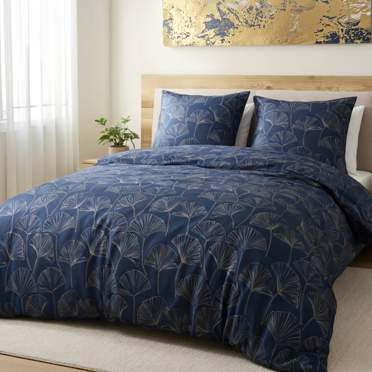 Housse de couette 2 personnes finition bouton + 2 taies 100% microfibre bleu, DECORATIE