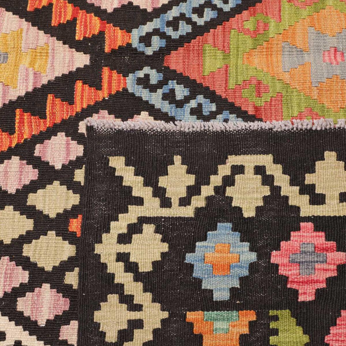 Tapis kilim au motif ethnique, tissé plat artisanal, KILIM 34 multicolore, noir, orange, UN AMOUR DE TAPIS