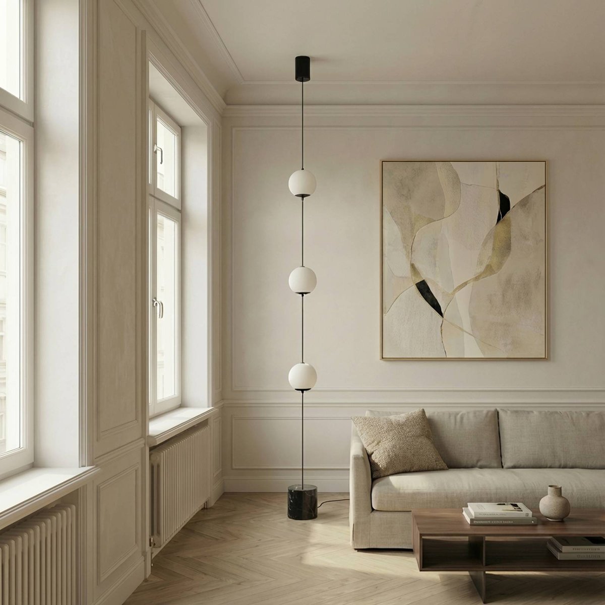 Lampadaire en verre moderneLED, Darrow noir, blanc, LUCANDE