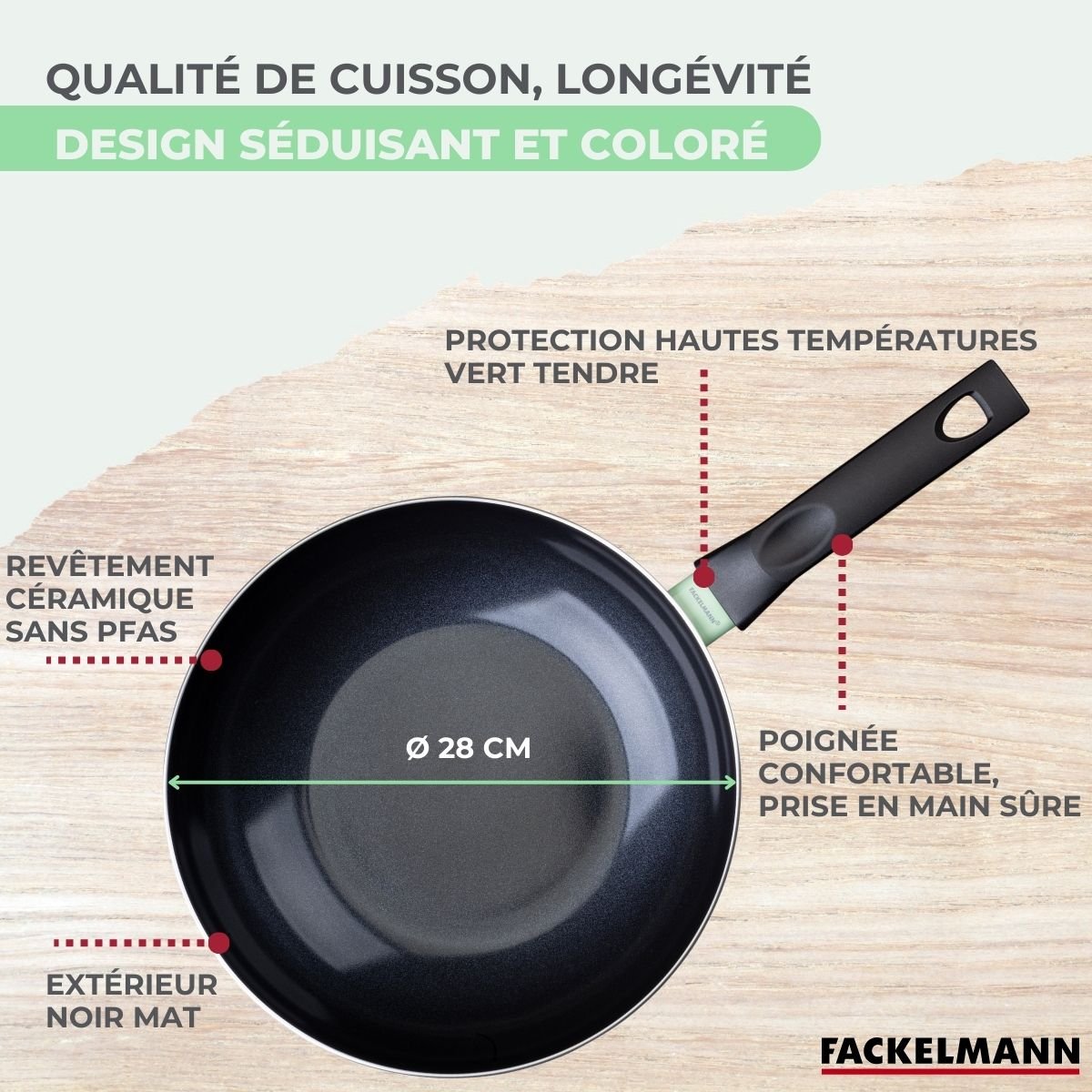 Wok 28 cm aluminium revêtement céramique antiadhésif BRANDAO vert,noir, FACKELMANN