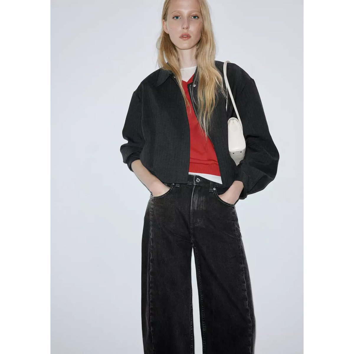 Jean balloon coutures black denim, MANGO