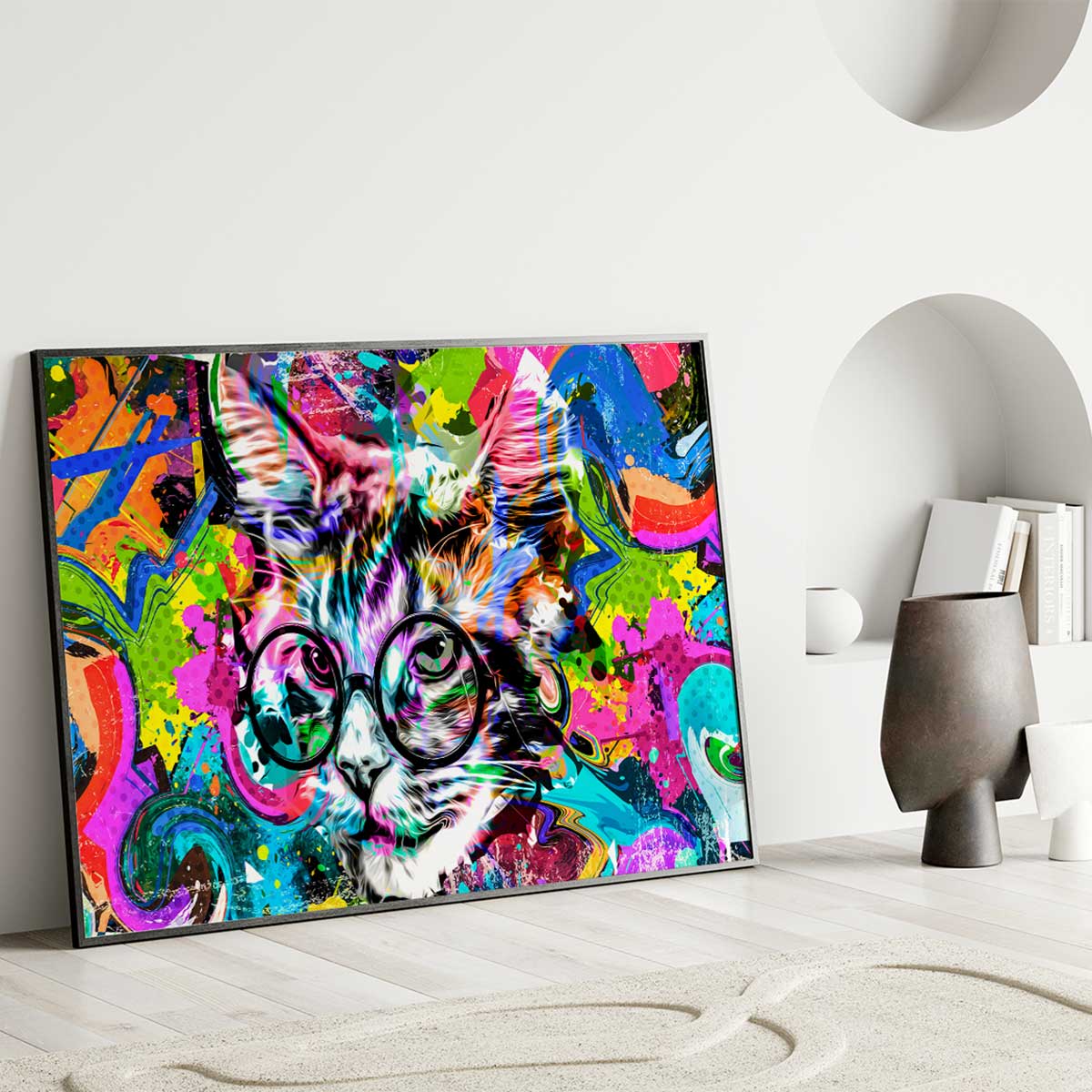 Affiche encadrée chat pop art coloré affiche + cadre en métal - noir, HEXOA